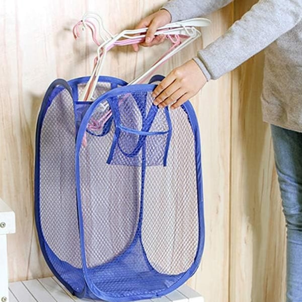 1 stk. (blå) Mesh Pop-up Vasketøjskurv Sammenklappelig Vasketøjskurv Bærbar Beskidt Tøjkurv (30*30*50CM)