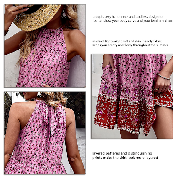 Halter Hals Kjoler Ærmeløs Boho Lagdelt Print Flydende Stor Saum Casual Kjole til Sommer Pink S