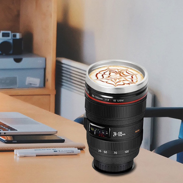 Sippa med stil: Kaffemugg i form av ett kameraobjektiv, BPA-fri rostfri ståltermos, läckagesäker resemugg, portabel med sipplock, miljövänlig och lätt att rengöra (1 st)