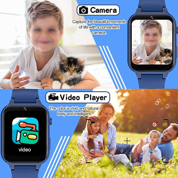 Smartklokke for barn med to kameraer, flere funksjoner, HD-smartklokketelefon for gutter og jenter fra 4 til 12 år, blå