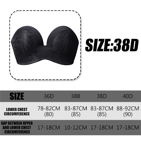 Halkfri axelbandslös push up-bh för kvinnor, osynliga omlott-bhar, sexig bustier-underkläder utan bygel 38D