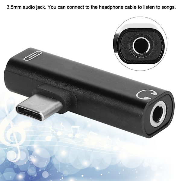 2 kpl 2-in-1 TypeC - 3,5 mm:n ääniavustuskaapelin johtolaturi, kuulokemikrofonin jakosovitin (musta)