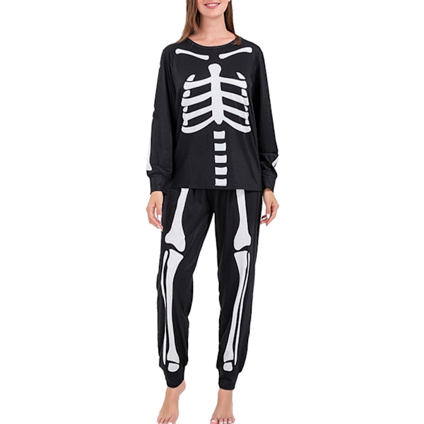 Halloween Pyjamas Set Skalle Skelett Grafiskt Tryck Polyesterfiber Svart Långärmad Pyjamas Set Svart DAM:M