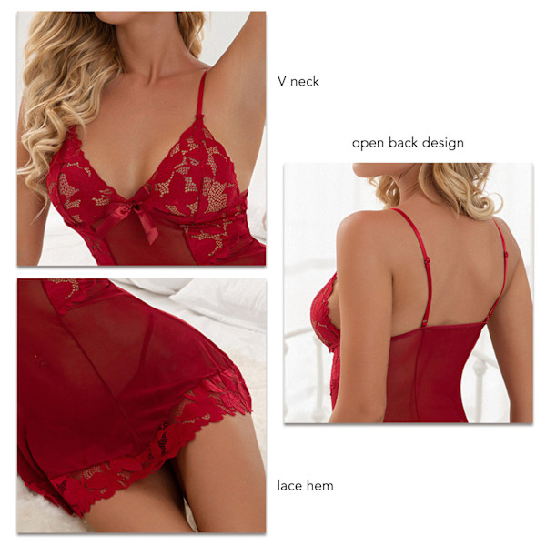 Lace Bodysuit Slim Fit V Neck Backless Perspective Lingerie Set Summer Nightwear for Women Red XL