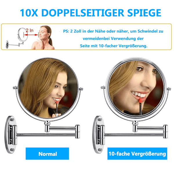 Vægmonteret Makeupspejl, 10X Forstørrende Tosidet LED Belyst Vanity Spejl til Badeværelse, 360° Roterbar, USB Genopladelig og 7 Tommer Udtrækkelig