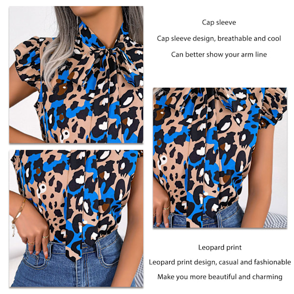 Dam Blus med Korta Ärmar Leopardtryck Rosett Casual Stilfull Volang Kortärmad Topp för Sommar Dagligen Fest Resor Khaki S