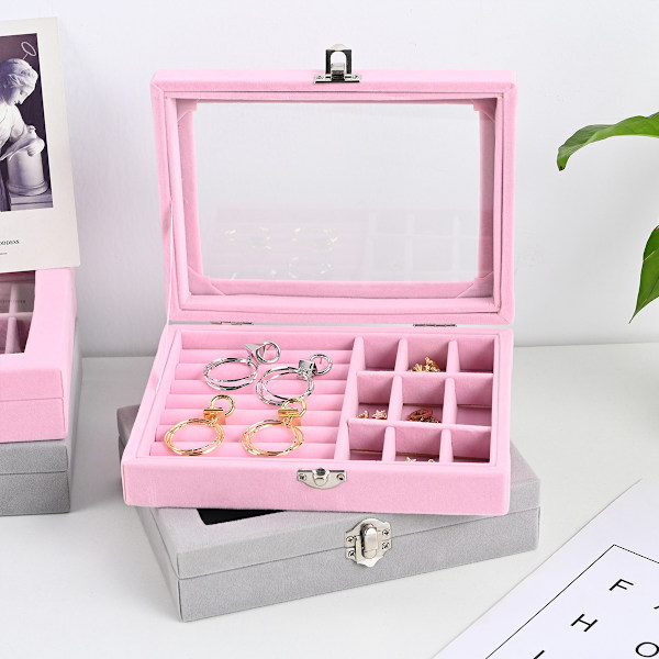 2 i 1 smykkeskrin ring øreringe arrangør holder stabelbar display showcase aflåselig smykker opbevaringsbakke gaver til piger kvinder, 20x15x5cm