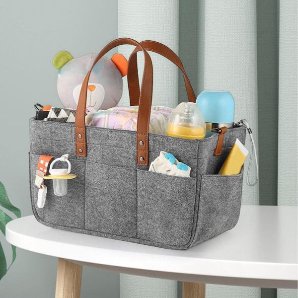 Filthåndveske med flere rutenett, stelleveske for baby, oppbevaringsboks for barnehage, bærekurv for reisebruk, grå 33x15x18cm