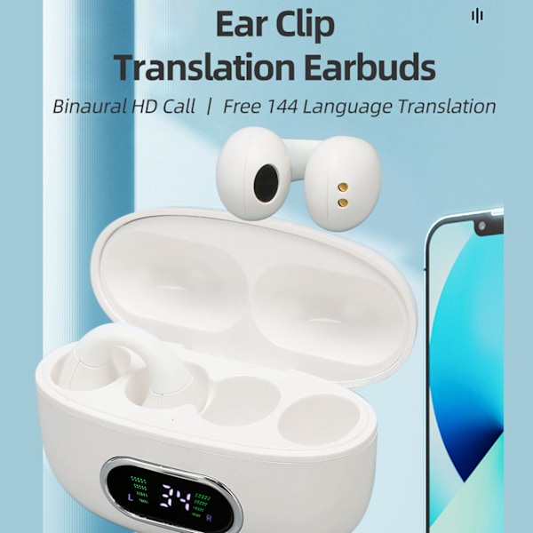 Bluetooth Oversættelses-øretelefon 144 Sprog Stereo Clip-On Oversættelses-øretelefoner med Opladningsetui til Android til IOS Hvid