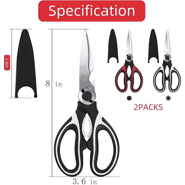 Precisionsskurna kökssaxar, kraftiga blad i rostfritt stål, komfortgrepp, ergonomisk design, diskmaskinssäker, lätt att rengöra, två