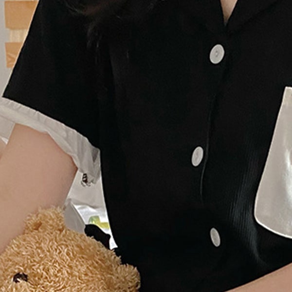 Dam Kortärmad Pyjamas Set Nedvikt Krage Volangdetaljer Tvådelad Topp Shorts Nattkläder Svart XL