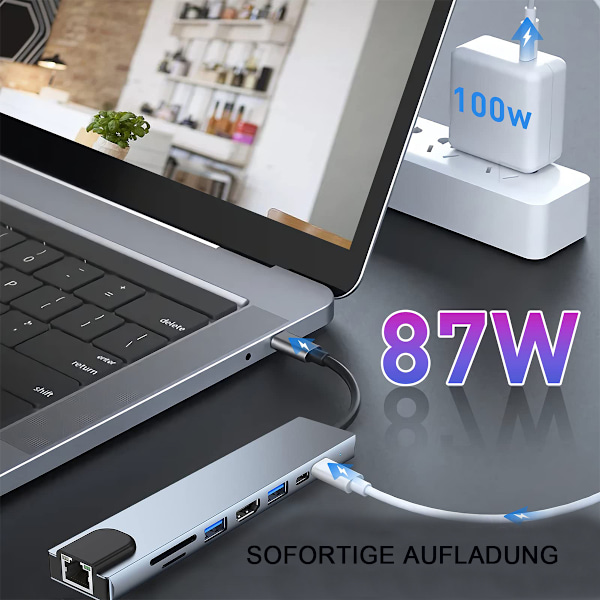 Multifunktionell USB C Hubb, 4K HDMI-adapter för MacBook Pro, Chromebook och mer, med Ethernet 100M, PD-laddning, SD-kortläsare, TF-kortplats,