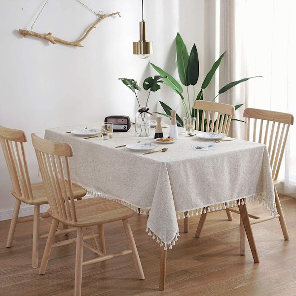 Vattentät Duk med Anti-Skrynkel Funktion, Tofs Kant Bomull Linne Blandning för Inomhus Utomhus Matbord Dekoration (Beige, 140 x 220 cm)