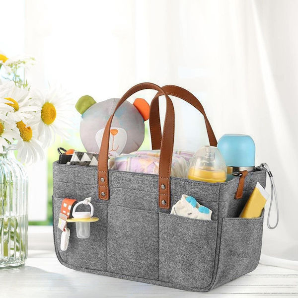 Filthåndveske med flere rutenett, stelleveske for baby, oppbevaringsboks for barnehage, bærekurv for reisebruk, grå 33x15x18cm