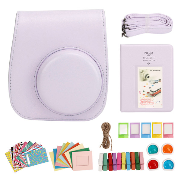 Mini Instant Kamera Beskyttende Veske PU Etui for Fujifilm Instax Mini 12 med Album Filtre Fargerike Hengende Rammer Klistremerker Lilla