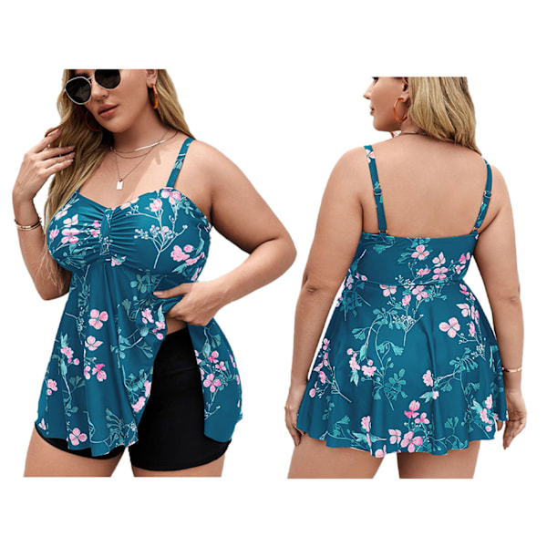 Dam Plus Size Baddräkter Blommigt Tryck 2-Delad Tankini Baddräkt med Shorts för Simning Strandfester Sjöblå Blomma 3XL, Byxlängd: 34cm /