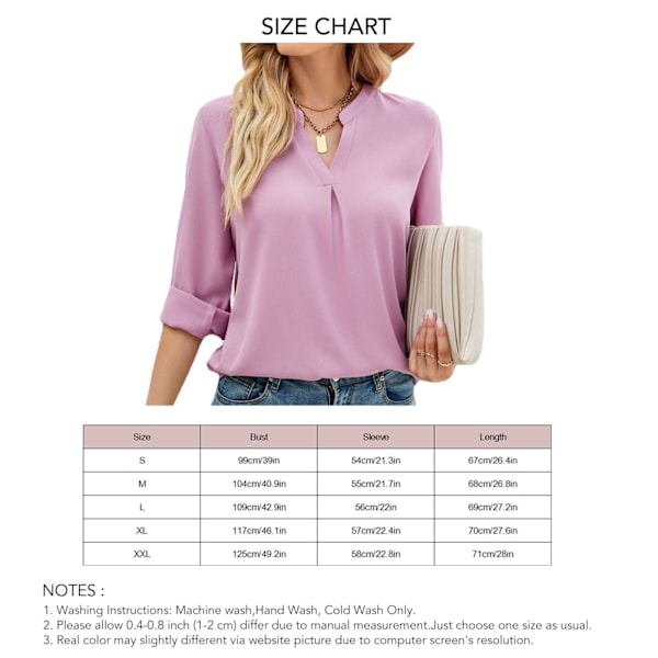 Dam Långärmad Topp Enfärgad V-ringning Lös Passform Pullover Blus för Vardagsbruk Arbete Gata Rosa L