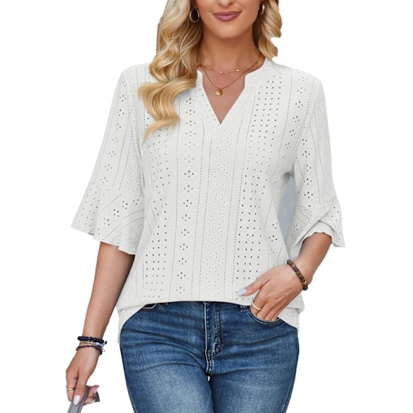 Dam V-ringad Topp Halv Volangärm Ren Färg Lös Passform Sommar Vardags T-shirt för Daglig Användning Vit XL