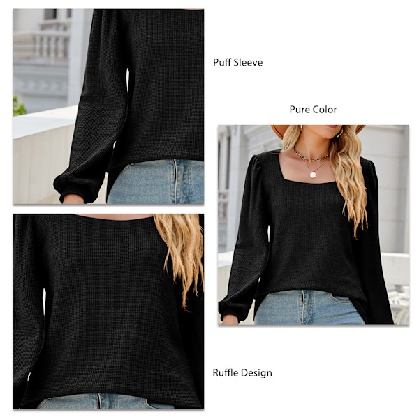 Dam Puffärm T-shirt Lös Enfärgad Tröja Kvinnlig Långärmad Casual Topp Svart L