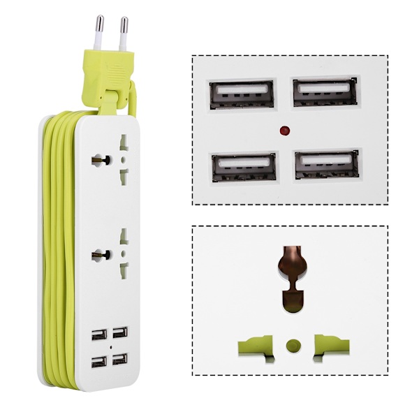 4 USB 2 kolmireikäinen pistorasia matkakäyttöön, ylijännitesuoja 1200 W, turvallinen kannettava jatkojohto, EU-pistoke