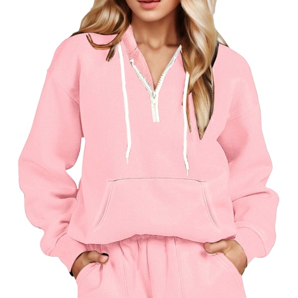 Tröja med halv dragkedja, huva, dragsko, fickor, avslappnad topp, huvtröjor, långärmad, mjuk, snygg pulloverblus för damer, rosa S