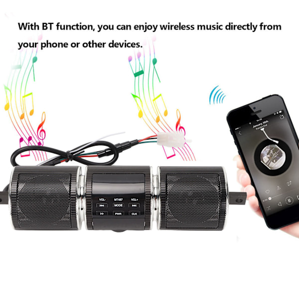 Moottoripyörän Bluetooth-kaiutin Langaton IP54 Vedenpitävä DC12V Ohjaustankoon Kiinnitettävä Äänentoistojärjestelmä Musta