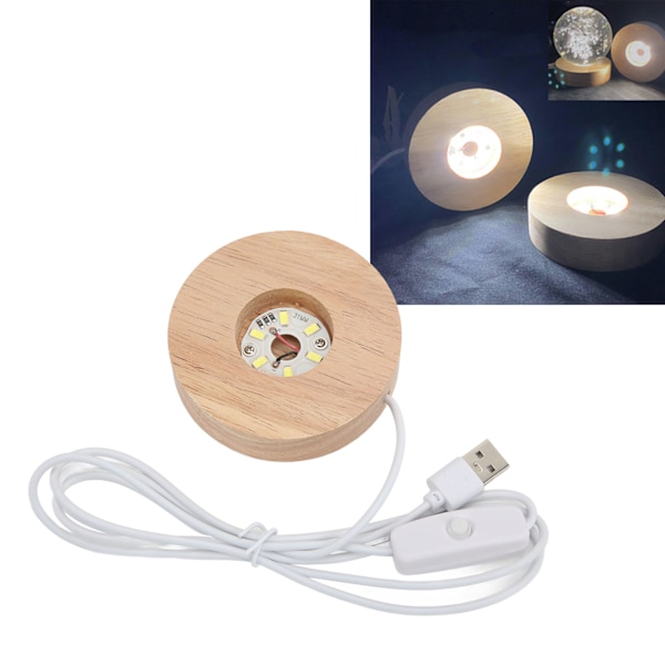 LED-lysbase USB-interface egetræmateriale rund 2cm/0,8in tykkelse glødende dekorativ displaylampe til hjemmet 5V hvidt lysbase