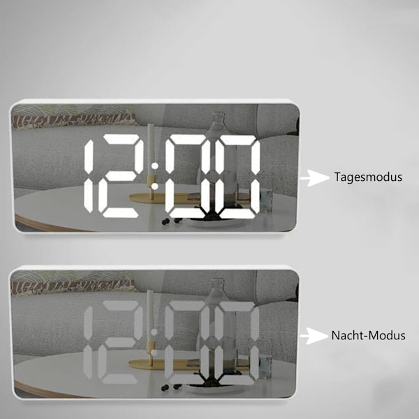 Elegant Spegelväckarklocka, Justerbar Ljusstyrka, 13 Melodier, Dubbel USB-laddning, Automatisk Dimmer, Temperatur- och Datumvisning, Vägg- eller Bordsplacering