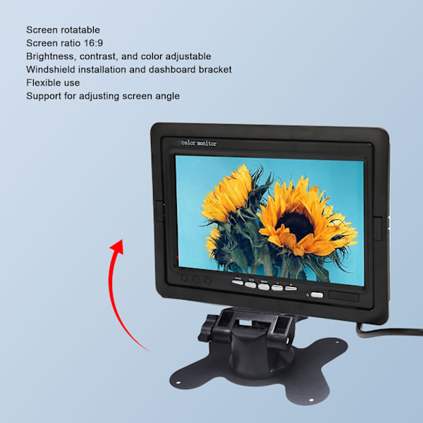 Bakkamera Monitor Støtteskærm Roterende 2 AV Indgang 7 Tommer TFT Farverig LCD Monitor til Bil DVD Overvågningskamera
