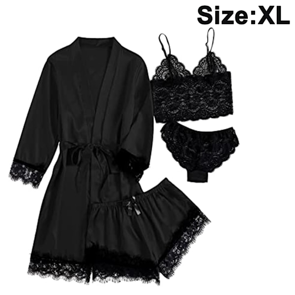 4 Pieces Women's  Satin Floral Lace Cami Top Lingerie Pajama Set with Robe Dressing Gown Kimono Lingerie Set Satin Pyjamas Lace Robe Bra