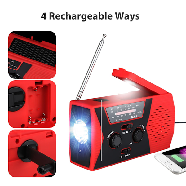 Solardriven väderradio, handvevad självdriven nöd-FM/AM-radio bordslampa LED-ficklampa med 2000 mAh uppladdningsbart batteri och karbinhake för hemmet