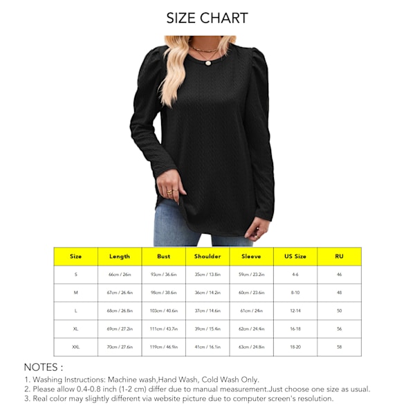 Dam Crewneck Långärmad Topp Ribbad Puffärm Enfärgad Casual T-shirt för Fest Shopping Fritid Resor Utomhus Svart XXL