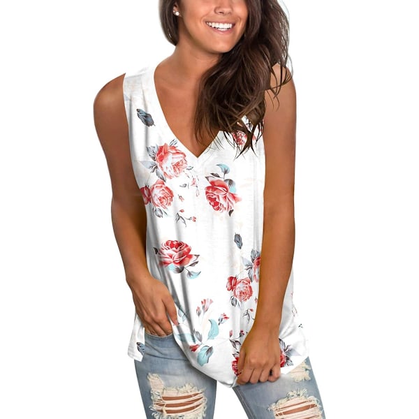 Tanktoppar för damer V-ringad T-shirt Ärmlösa toppar Blommig sidoslits Tanktoppar 120-tank White Print Large