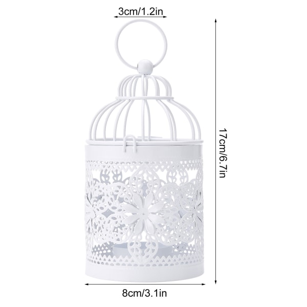 Liten hängande fågelburslykta i metall, ljushållare för fågelbur i metall för bordsbröllop inomhusfest utomhus, vit