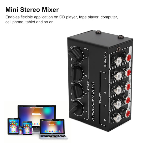Stereo Mixer Passiv 4-kanals Audio Line Mini RCA Bærbar til Computer Telefon Tablet