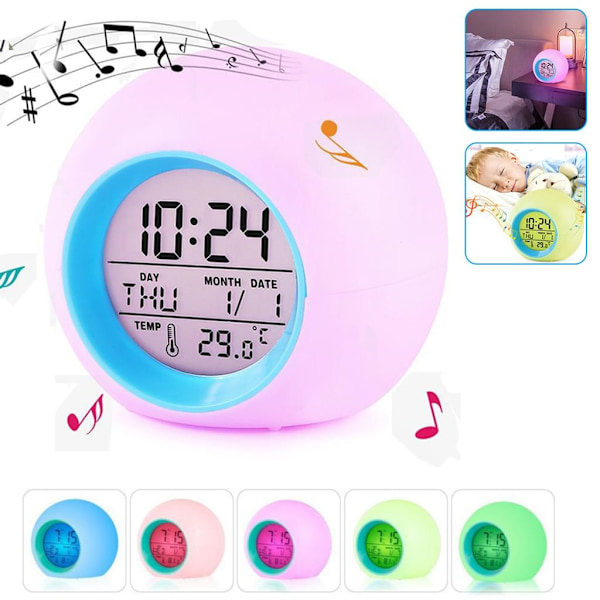 Digital Väckarklocka med Multifunktionsdisplay, 7 Färgers Nattlampa, Temperaturdetektering, Snooze-funktion, Lätt att Ställa In, Batteridriven, Stilren