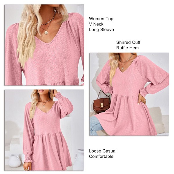Dam V-ringad Långärmad Topp Rynkad Manschett Lös Volangkant Trendig Mångsidig Casual T-shirt Rosa M