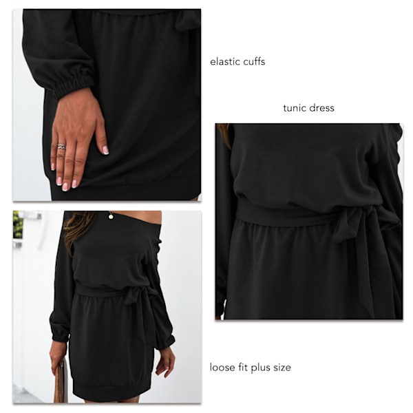 Woman Long Sleeve Pullover Dress One Shoulder Boat Neck Belted Loose Fit Tunic Sweatshirt Dress Black L