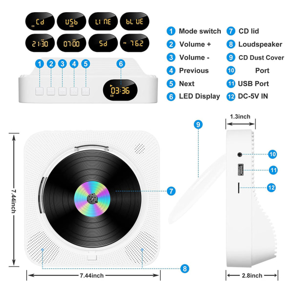 Skrivbord CD-spelare Multifunktion HiFi Stereohögtalare Bärbar Bluetooth CD-spelare med Timerfunktion för inomhusbruk