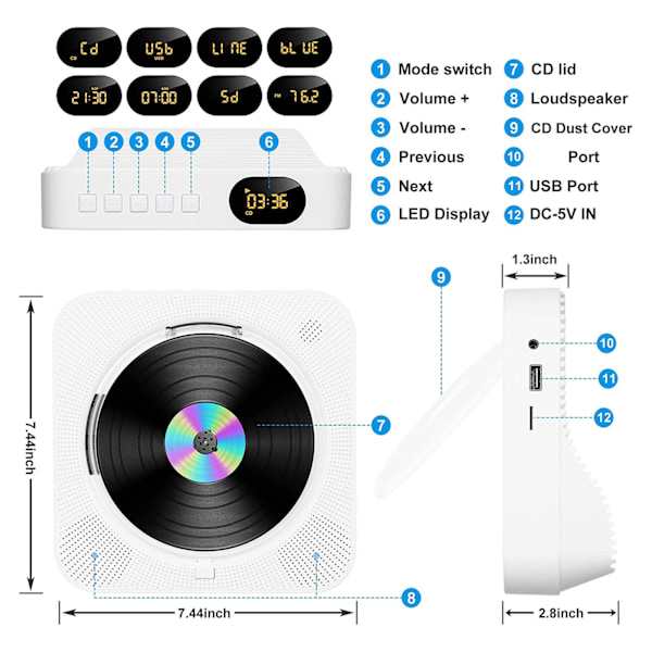 Skrivebords-CD-spiller Multifunksjon HiFi Stereo-høyttalere Bærbar Bluetooth CD-spiller med timerfunksjon for innendørs