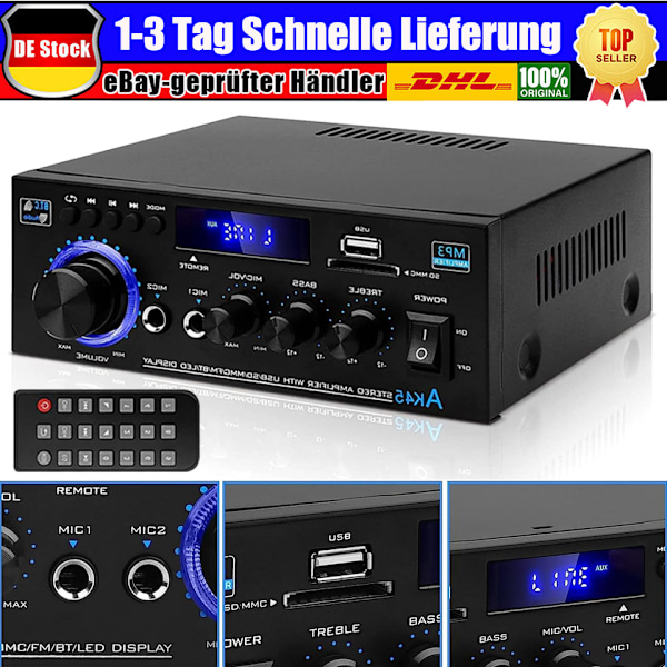 Kompakt Stereo Ljudförstärkare För Hemmabio, Bluetooth 5.0 Mottagare Med Fm Radio Usb Sd Kortingång Bas Diskant Kontroll, Inomhus Utomhus Fest