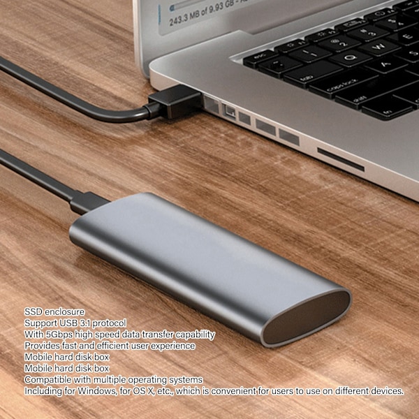 M.2 NGFF SSD-kabinett 5 Gbps høyhastighets aluminiumlegering mobil harddiskboks med 2 i 1-kabel grå