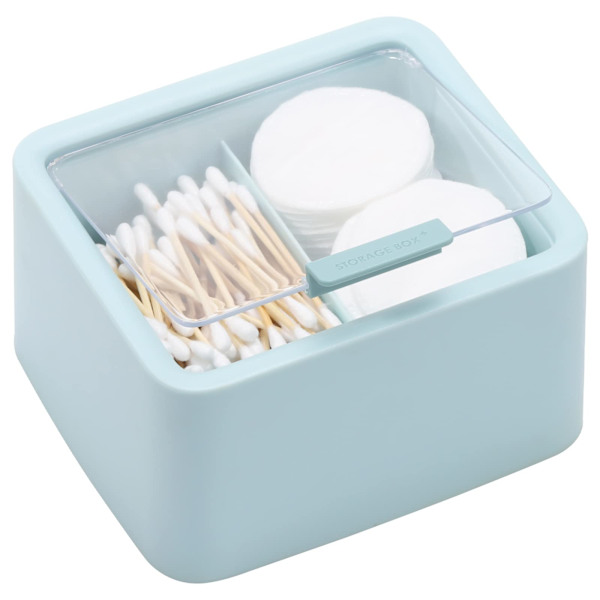 Q-tips hållare behållare för bomullstussar, tops, rundor, tandtråd, dispenser behållare låda med 2 fack, badrum fåfänga bänkskiva förvaring