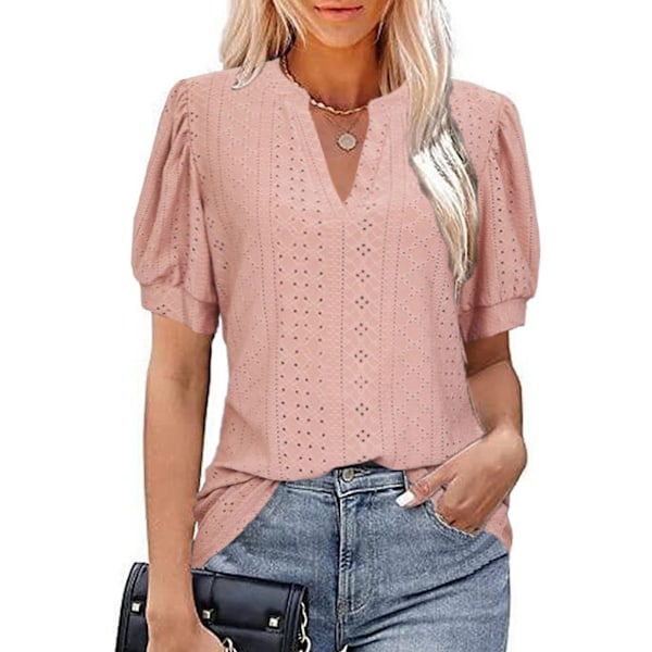 Blus med puffärm, V-ringning, ihålig, enfärgad, slim fit, kortärmad, avslappnad blus för kvinnor, dam, mörkrosa L
