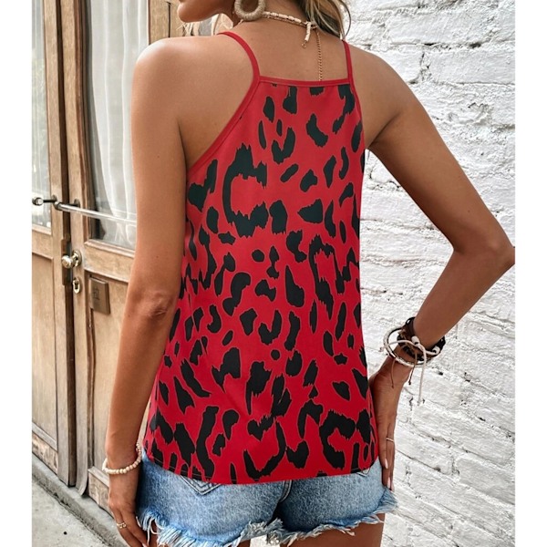 Dam V-ringad Tank Top Spaghettiband Leopardtryck Lös Passform Sommar Ärmlös Väst Röd XL