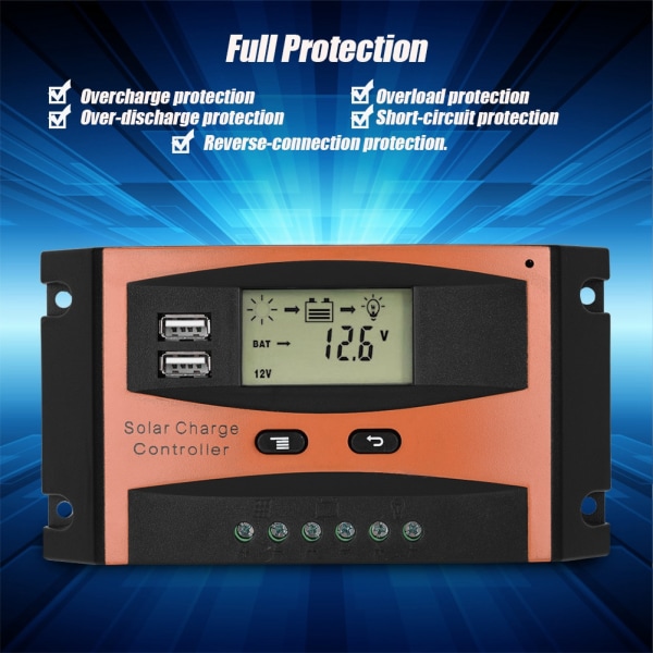 30A 50V kaksois-USB LCD-näyttö Älykäs PWM aurinkopaneelin lataussäädin IP32 vedenpitävä