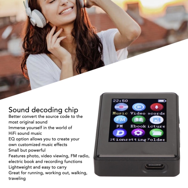 MP3-afspiller Bluetooth 5.0 1,77 tommer skærm HiFi FM-radio optagelse elektrisk bog foto bærbar MP3 MP4-afspiller