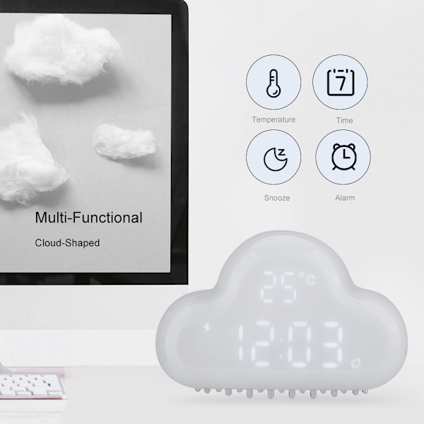 Molnformad magnetisk klocka larm digital temperatur snooze kalender röstaktiverad vit