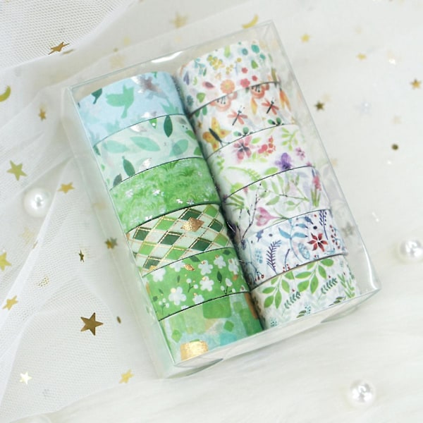 Blommigt Washi Tejp Set, 12 Livfulla Rullar för Konst och DIY-hantverk, Högkvalitativt Papper, Långvarig Färg, Elegant Presentförpackning, Skadar Inte