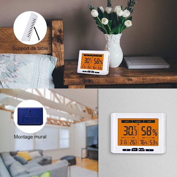 Känslig Bakgrundsbelysning Inomhus Temperaturmätare, Digital Hygrometer Med Hög Precision, Komfortindikator, Flera Placeringsalternativ Inklusive Vägg